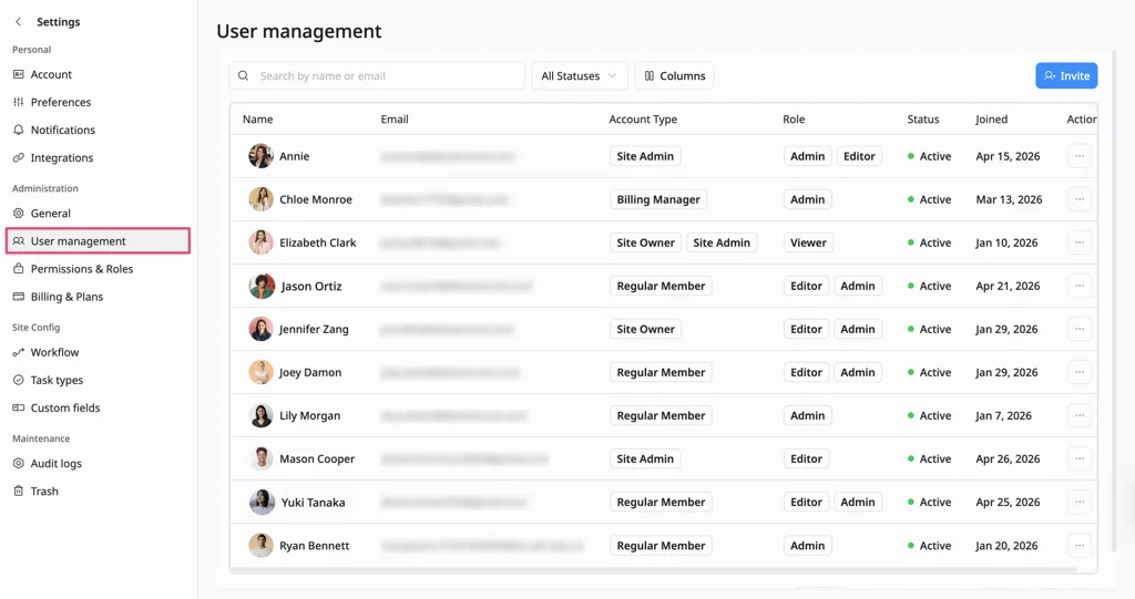 Access the User management tab Access the User management tab