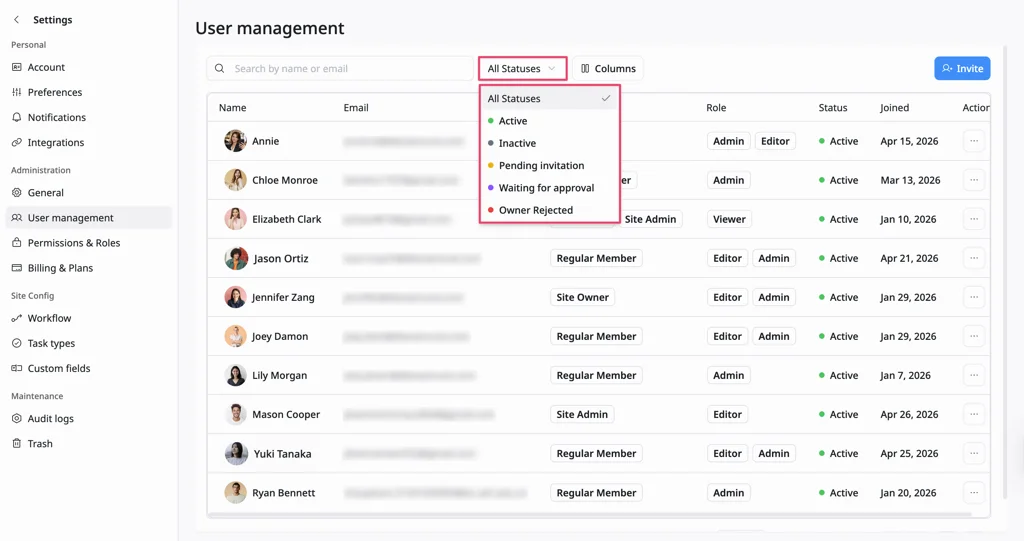 Filter users by status Filter users by status