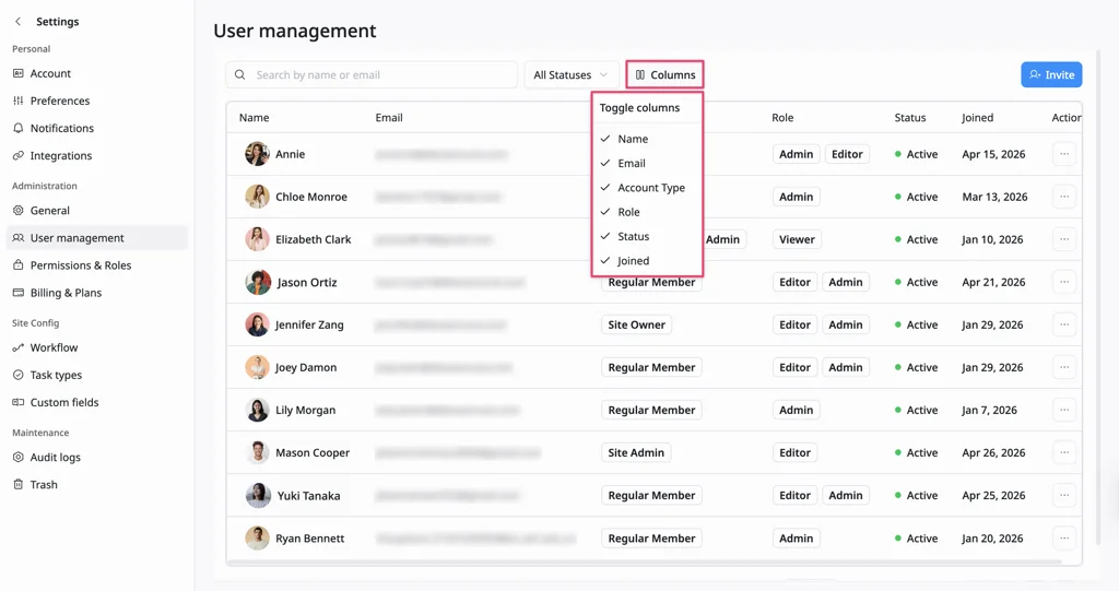 Customize user table columns Customize user table columns