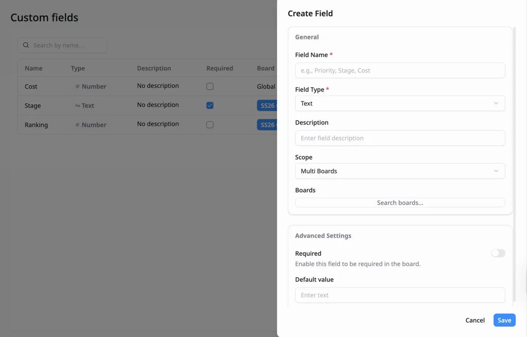 Create Field panel Create Field panel