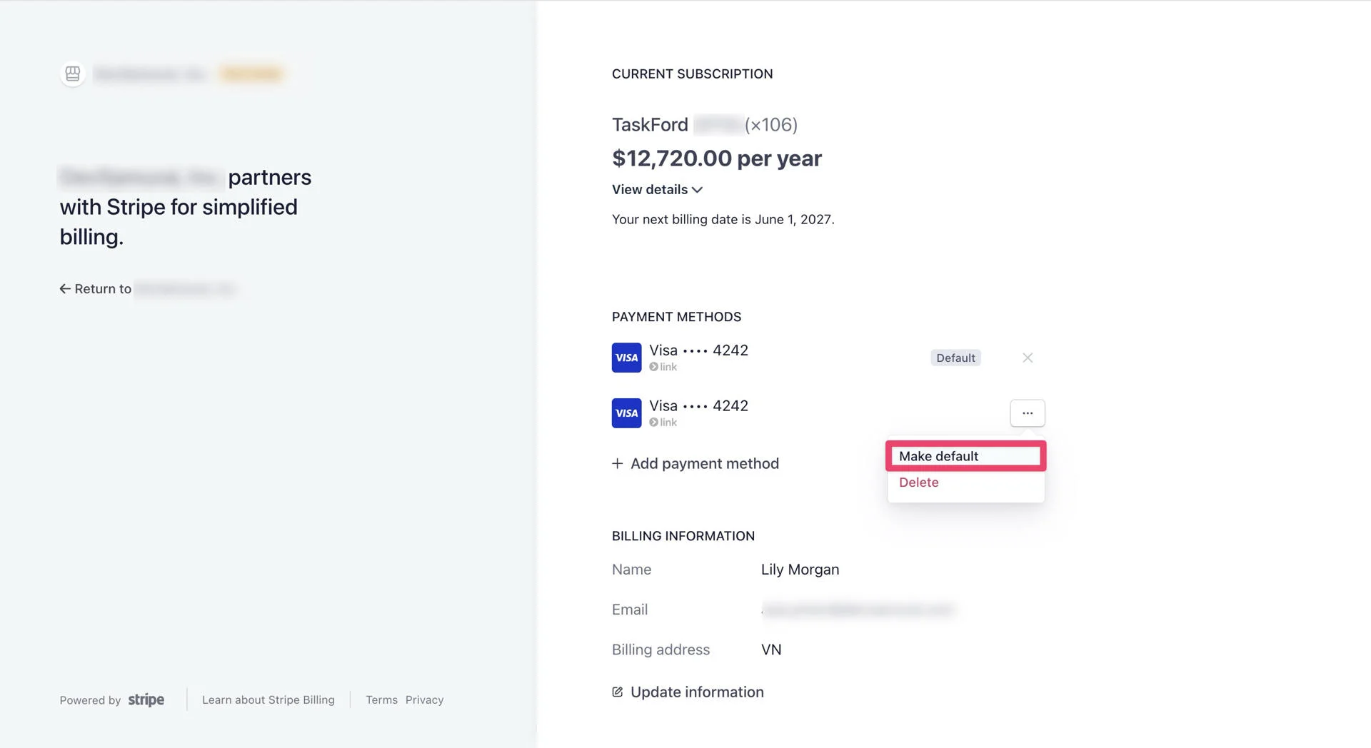 Change the default payment method Change the default payment method