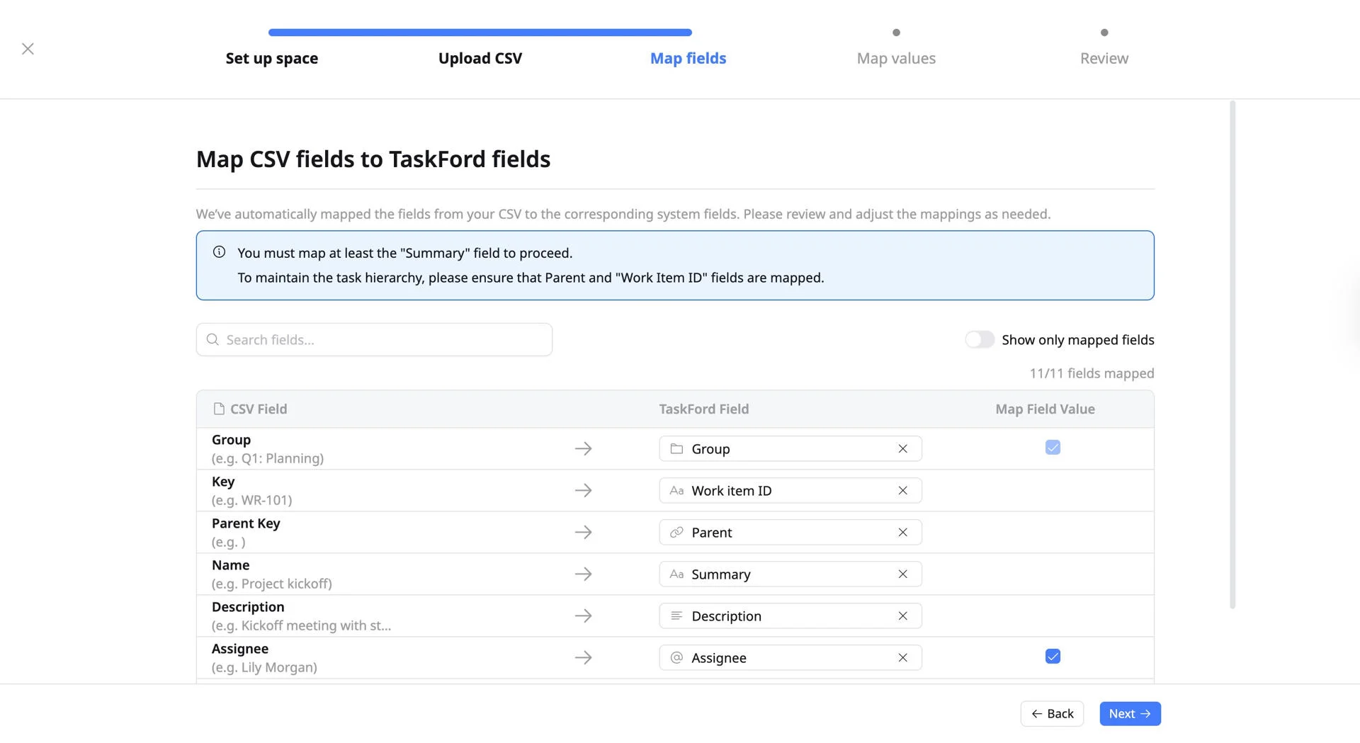 Step 3: Map CSV fields to TaskFord fields Step 3: Map CSV fields to TaskFord fields