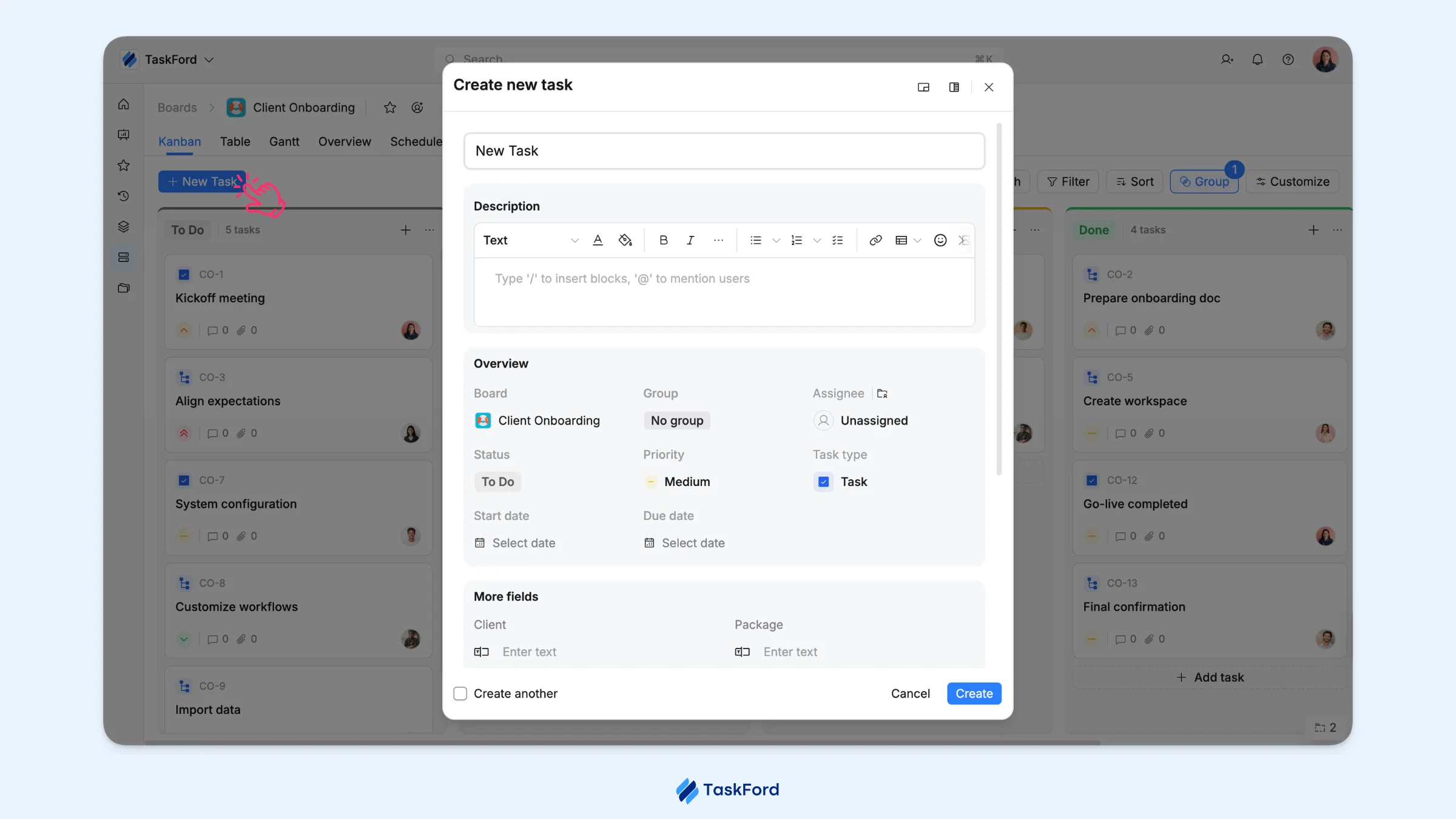 create a task in TaskFord create a task in TaskFord
