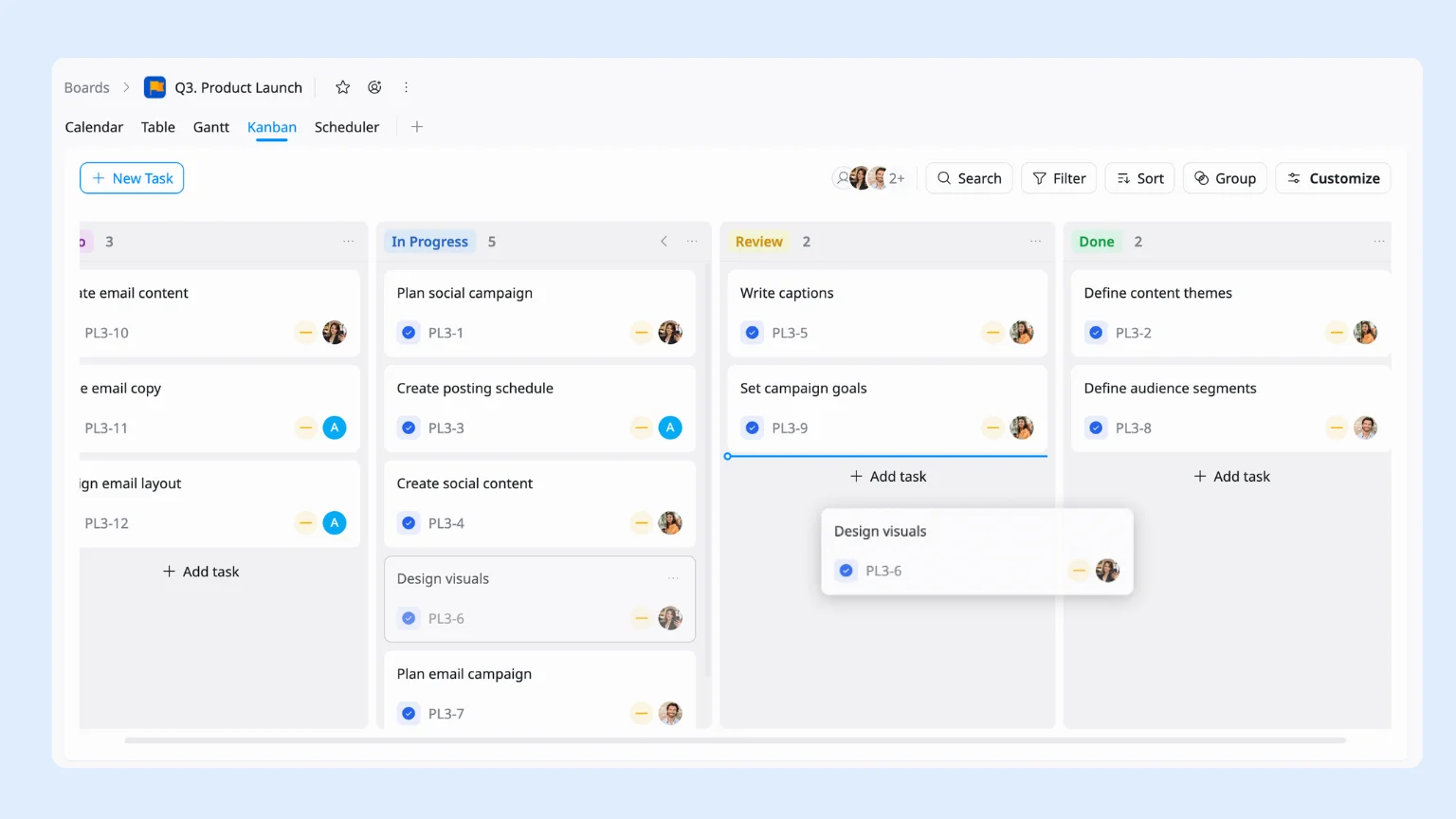 kanban view for marketing planning in taskford