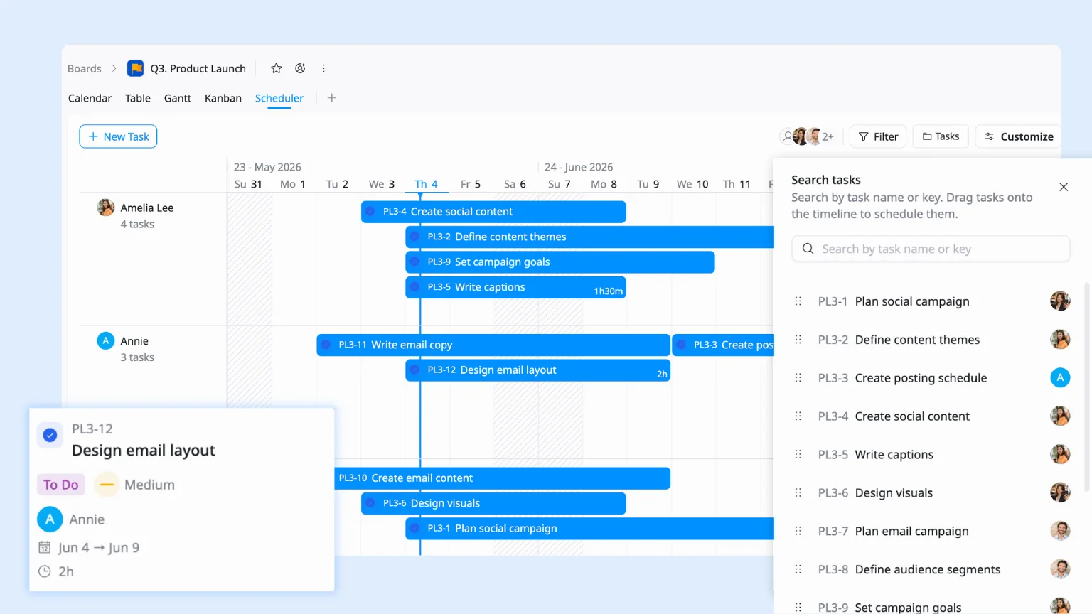 schedule view for marketing planning in taskford