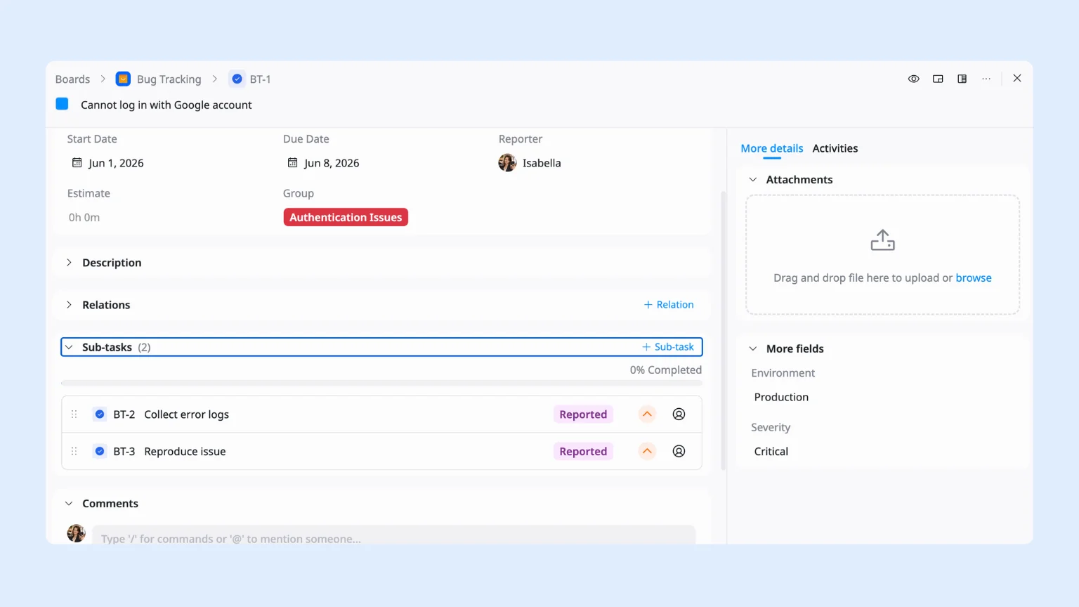 Break down bugs with subtasks - bug tracking in taskford