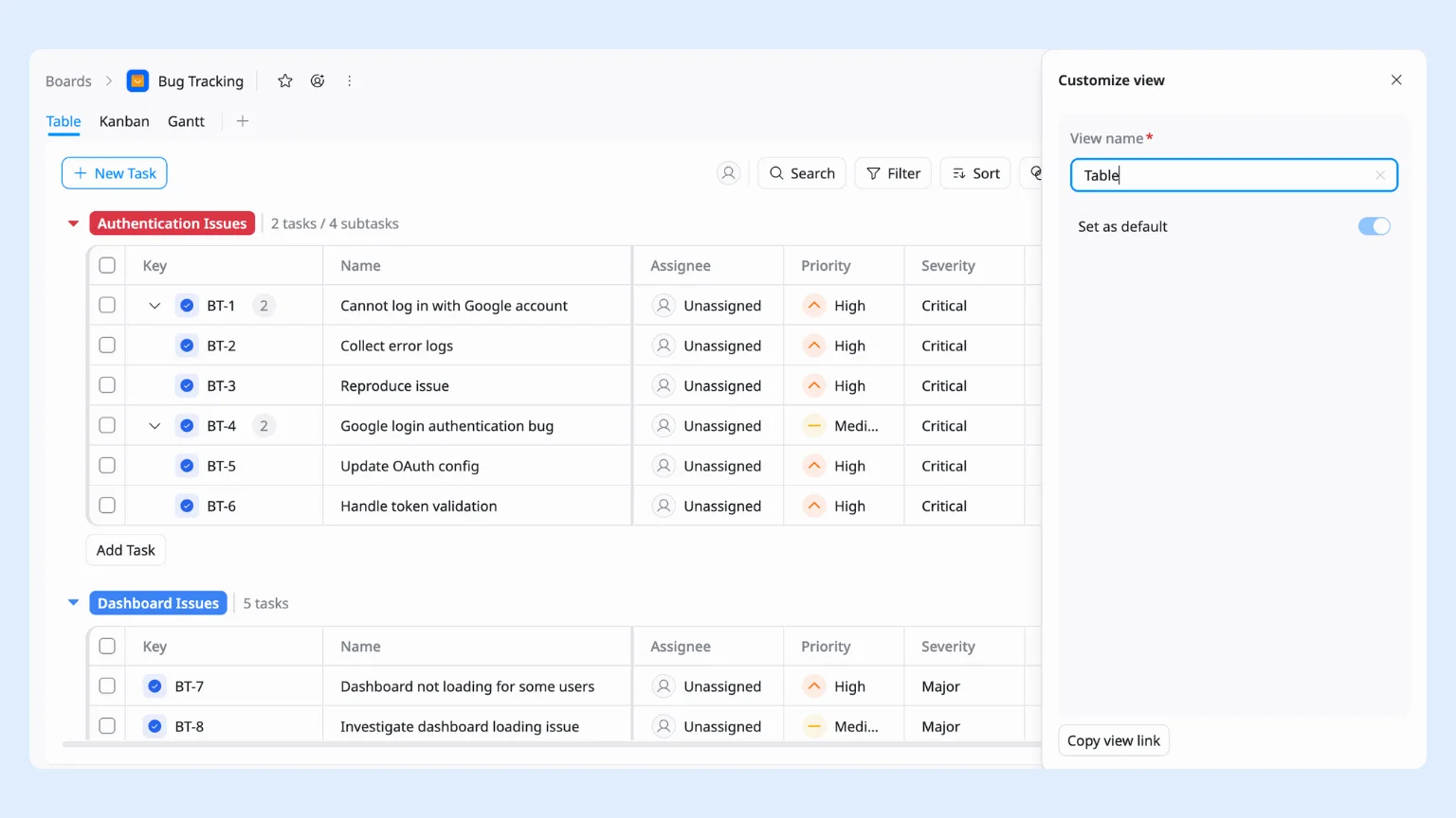 Filter and save views for faster triage in taskford