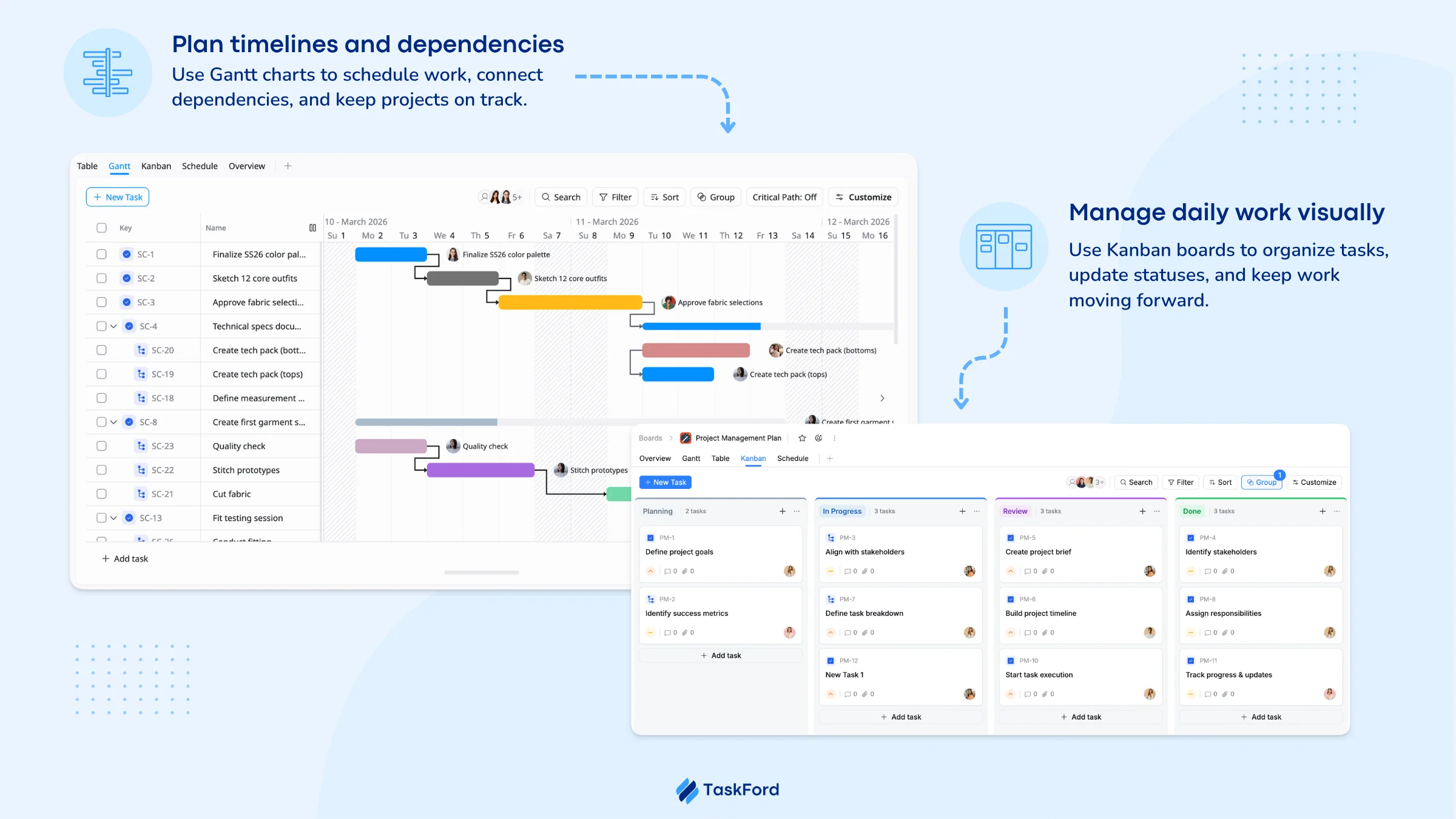 TaskFord's Gantt and Kanban views TaskFord’s Gantt and Kanban views