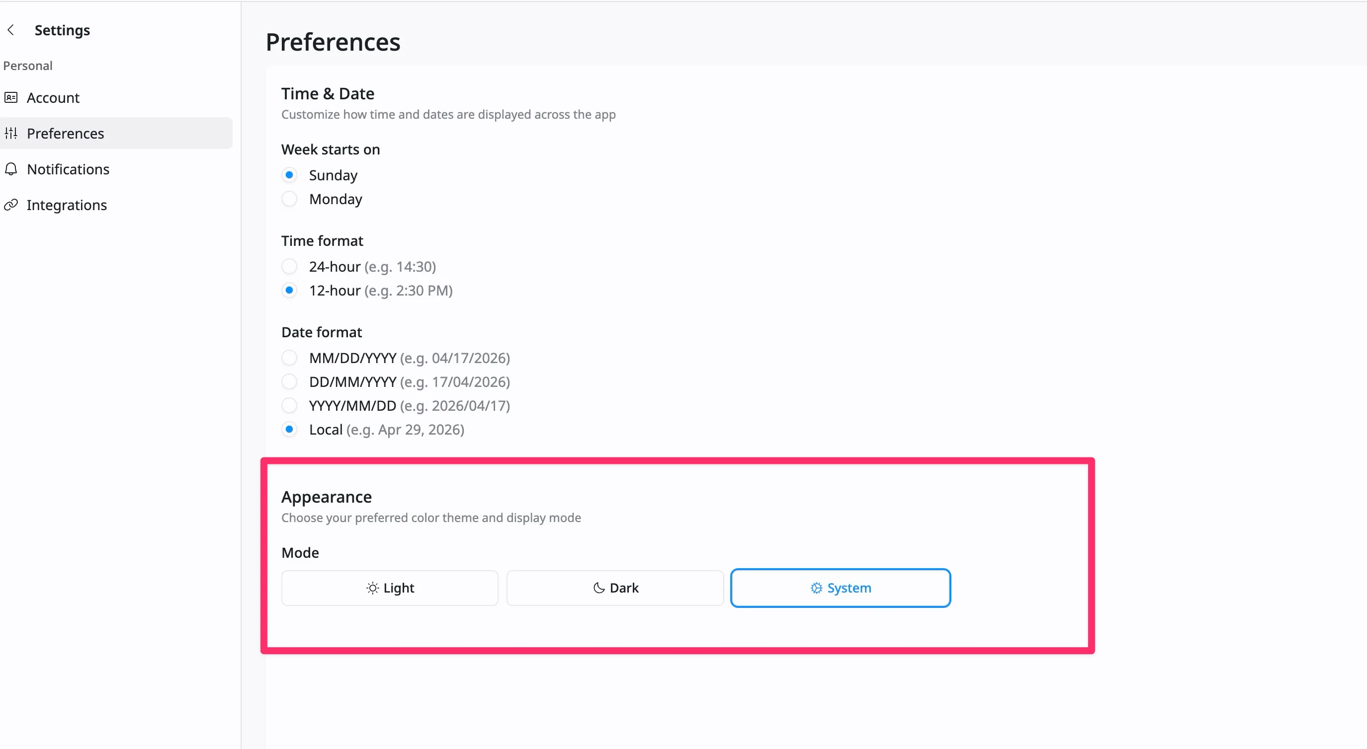 Appearance settings Appearance settings