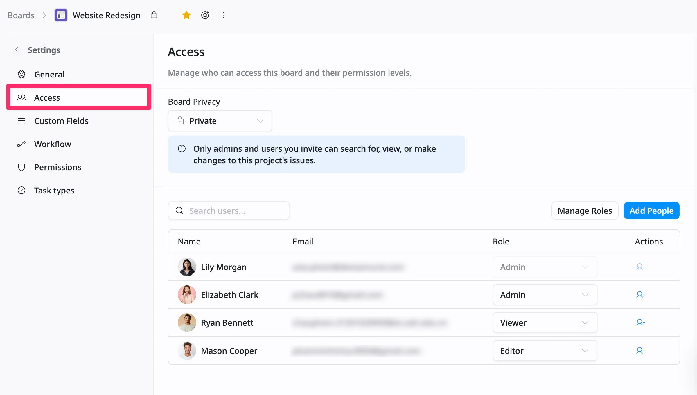 Board access settings Board access settings