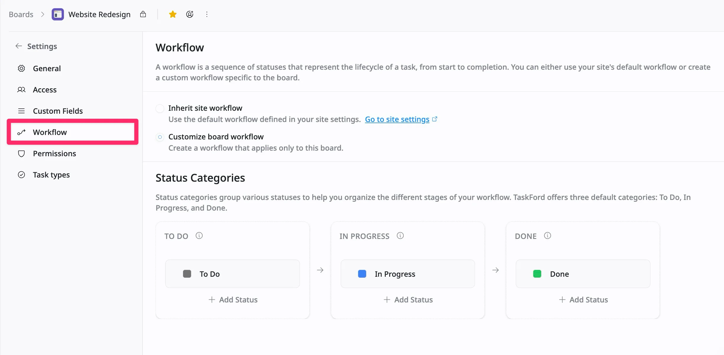 Board workflow settings Board workflow settings