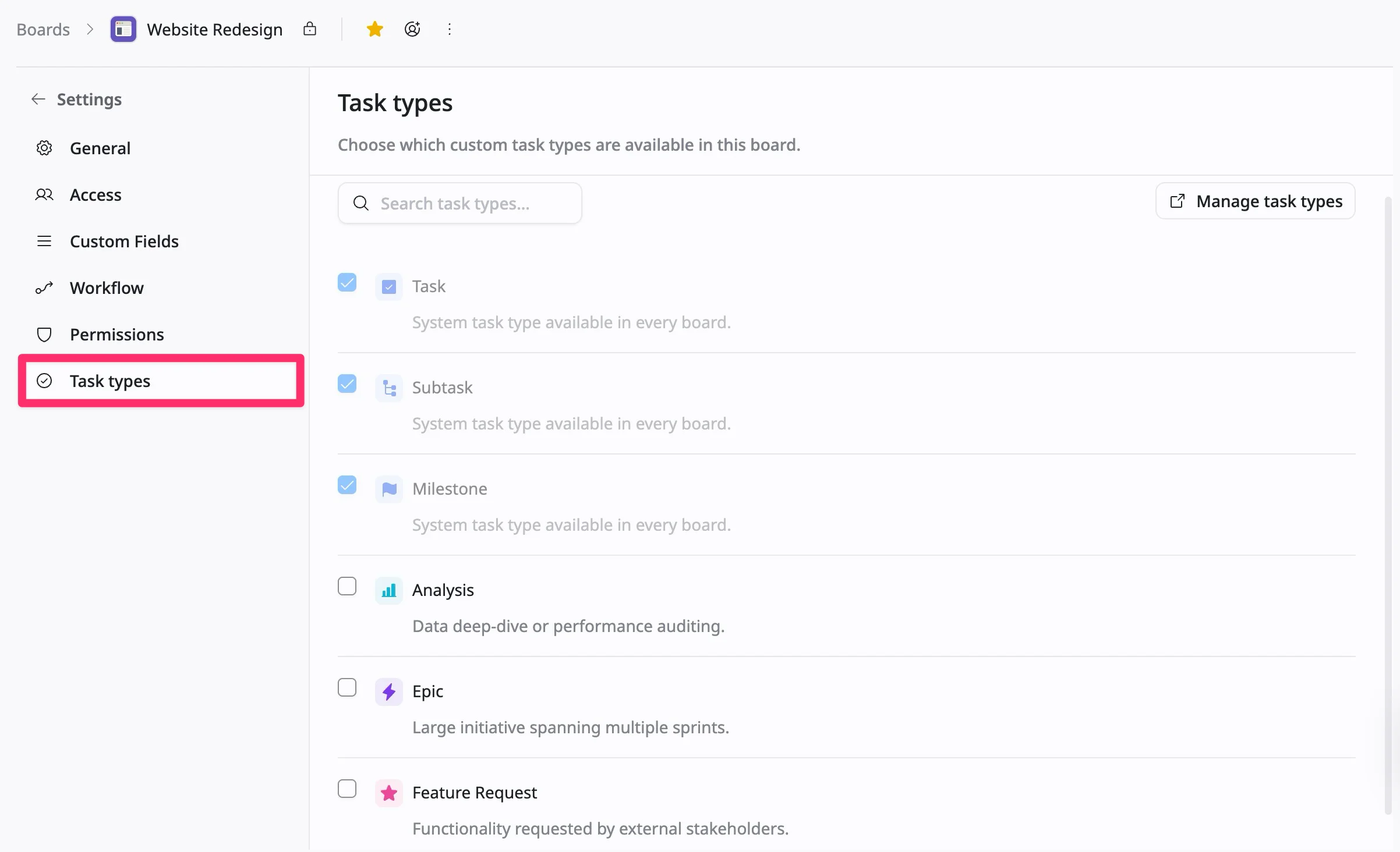 Manage task types Manage task types