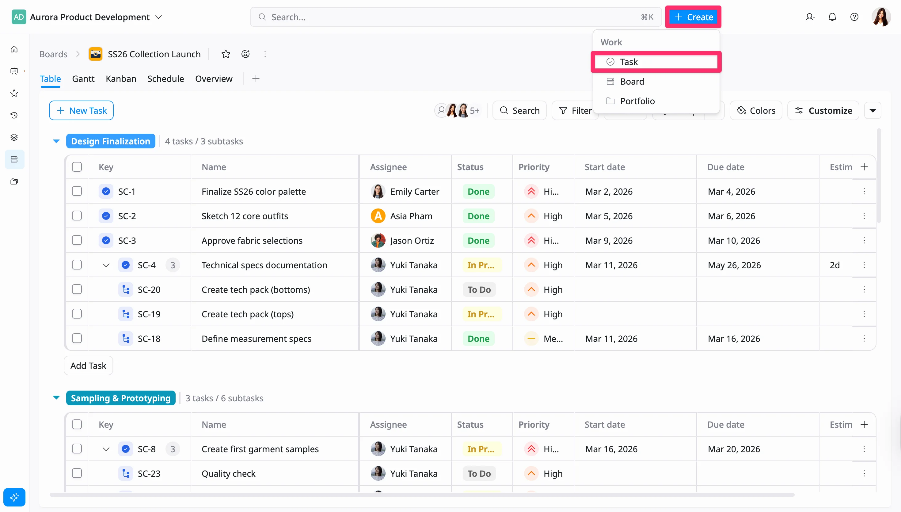 Create task from top bar Create task from top bar