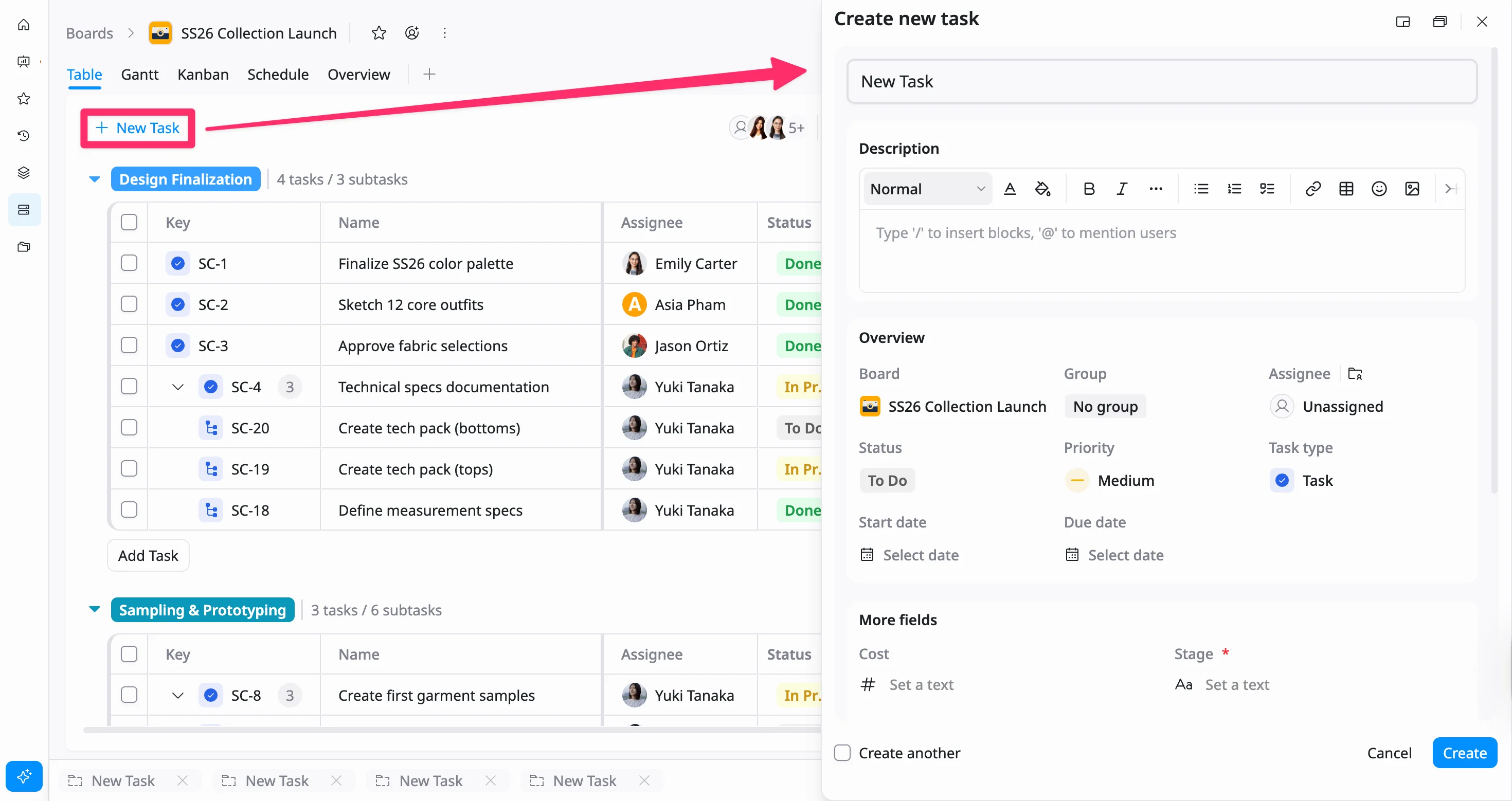 Create task from the toolbar Create task from the toolbar