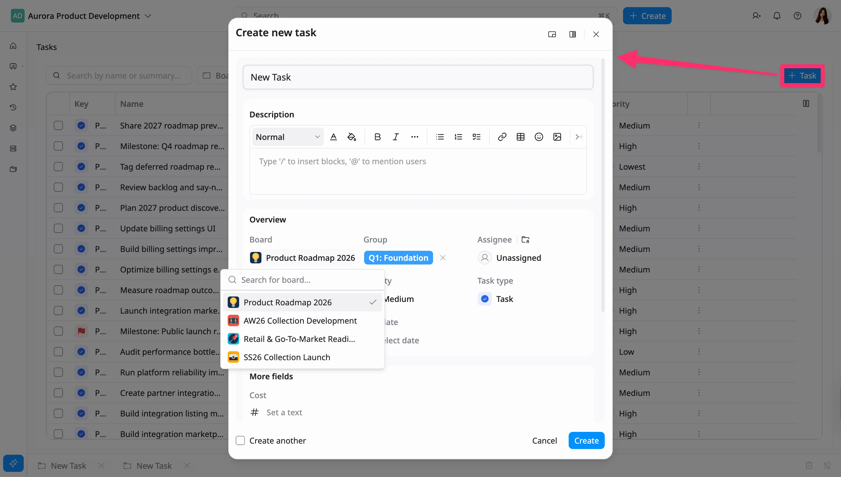 Create a task from All tasks page Create a task from All tasks page