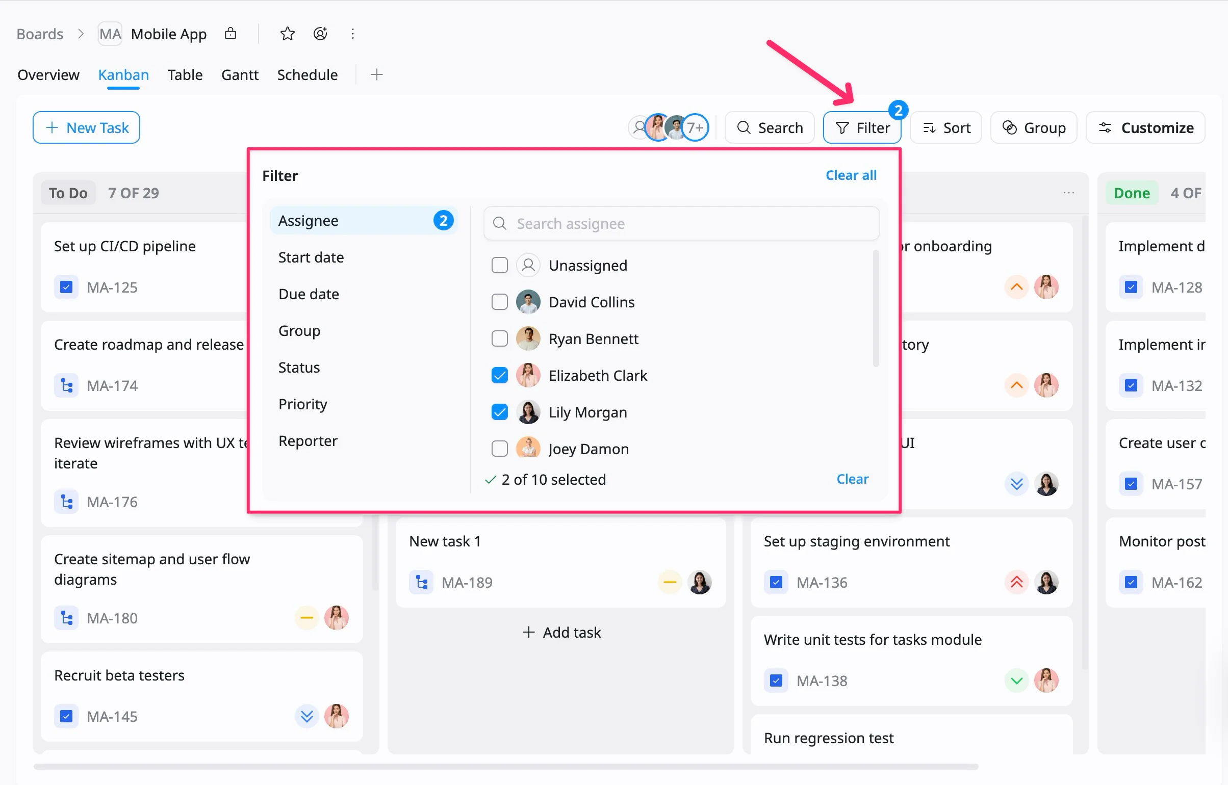 Filter tasks Filter tasks