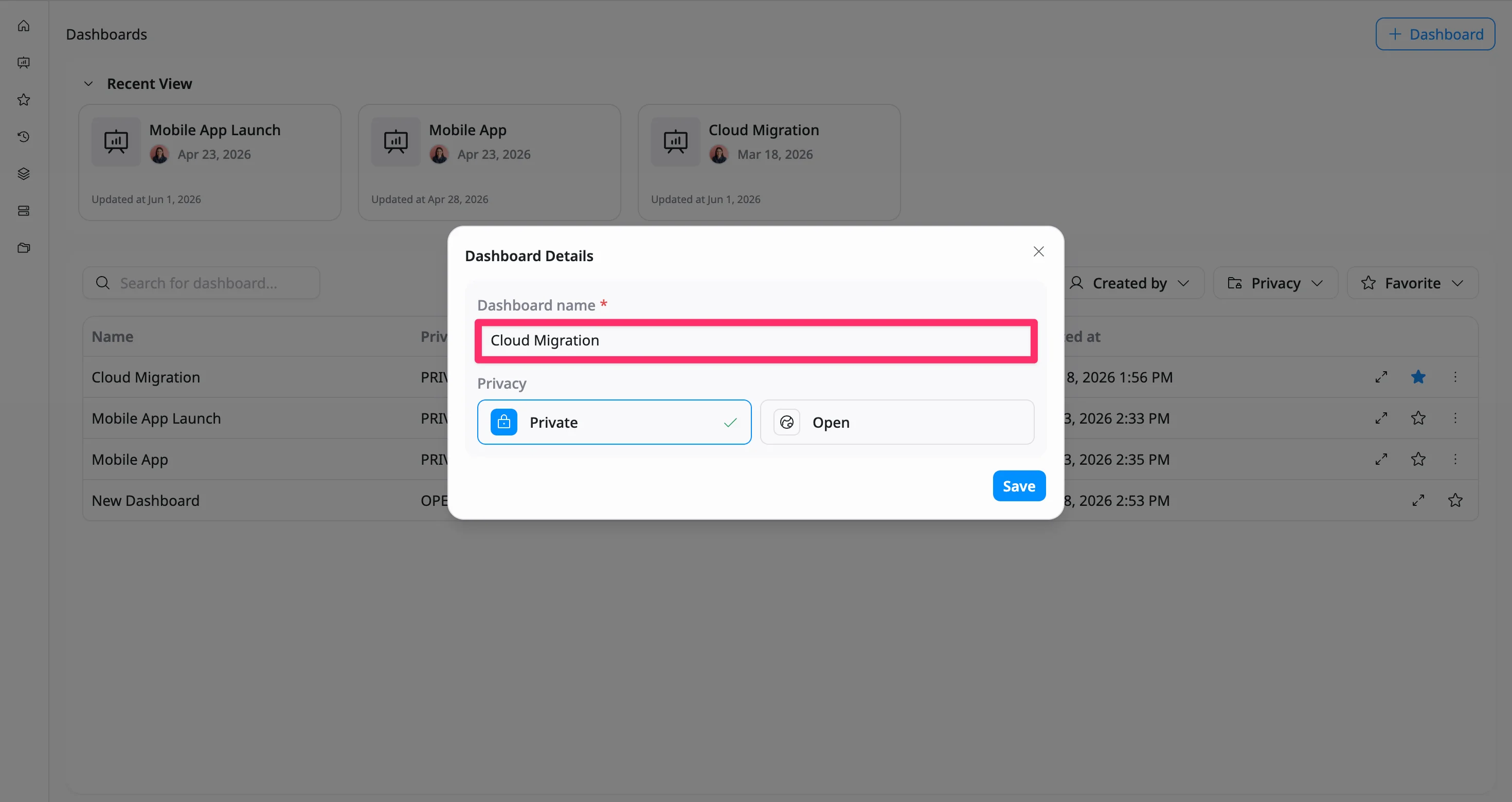 Dashboard Details dialog Dashboard Details dialog