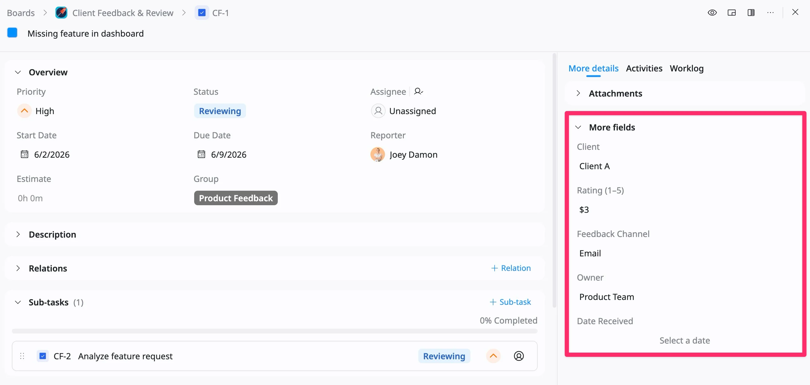 Custom fields in the task details view Custom fields in the task details view