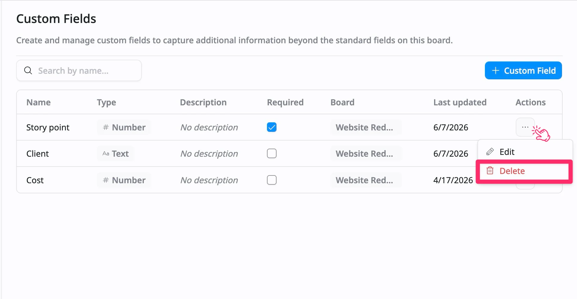 Delete a custom field Delete a custom field