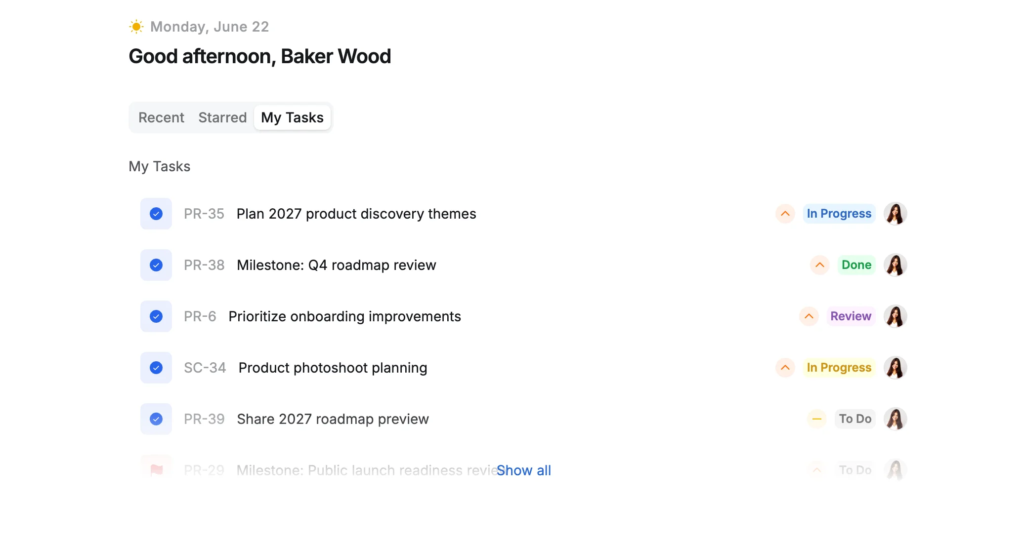 My Tasks section My Tasks section