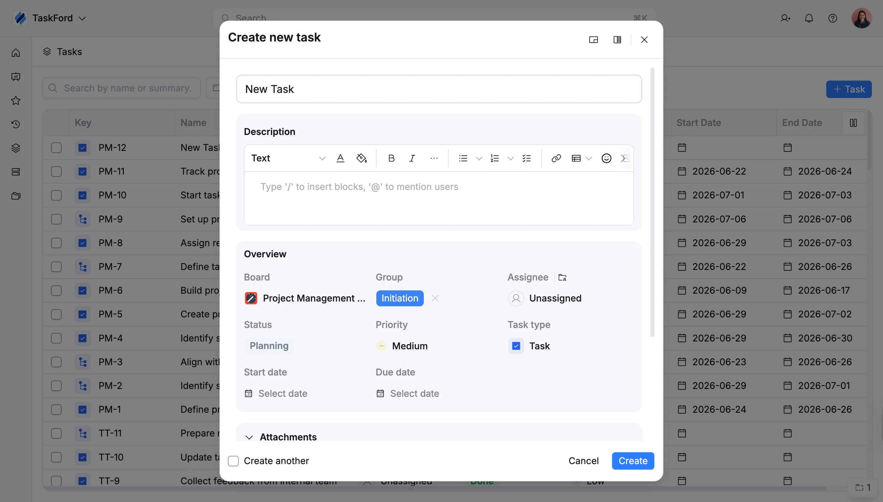 Create a task from All tasks page Create a task from All tasks page