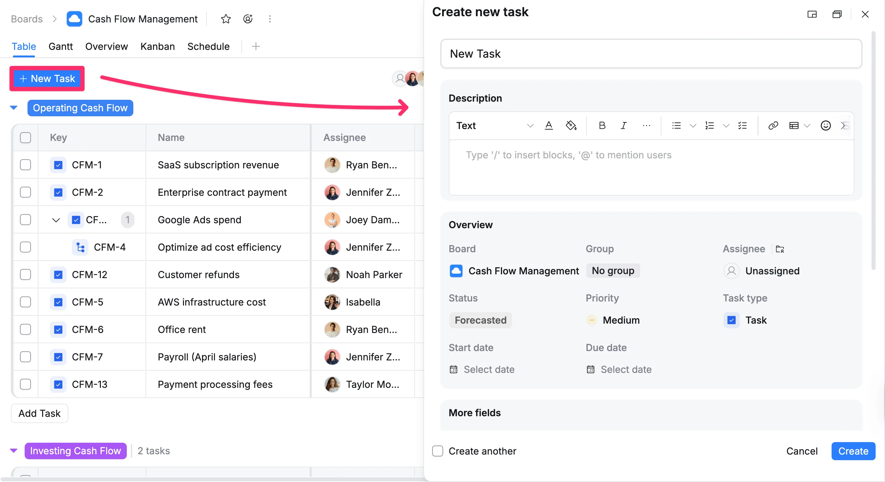 Create task from the toolbar Create task from the toolbar