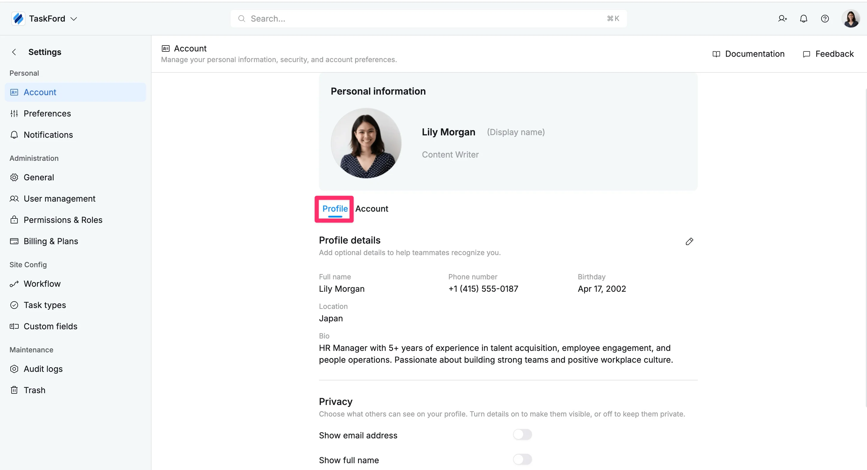 Manage profile information Manage profile information