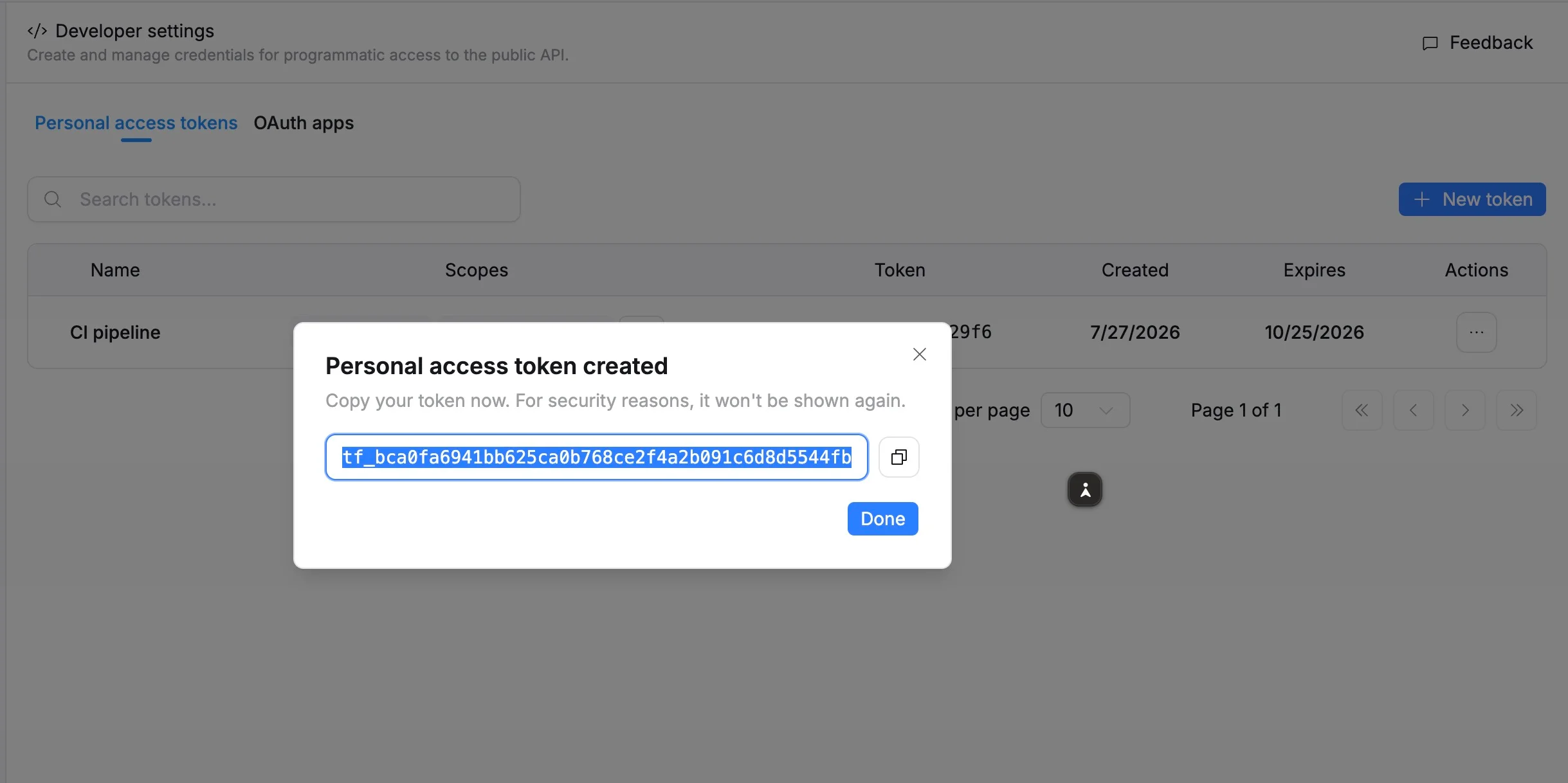 Personal access token created Personal access token created