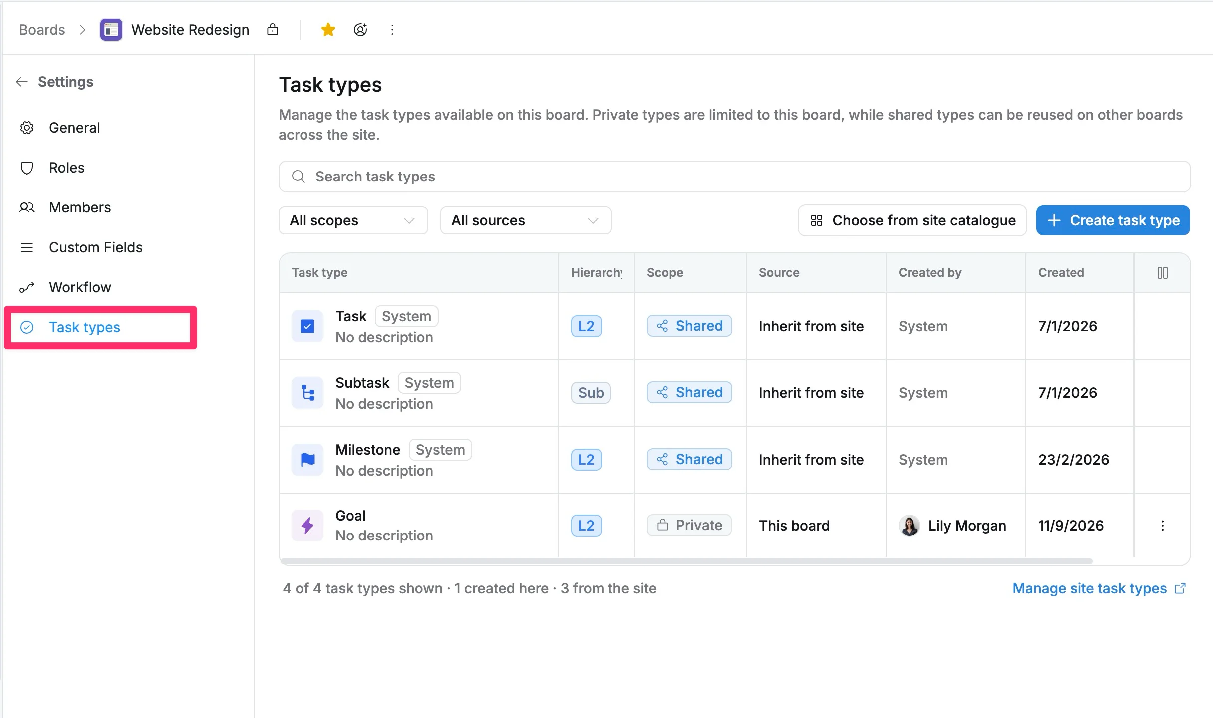 Access task types settings Access task types settings