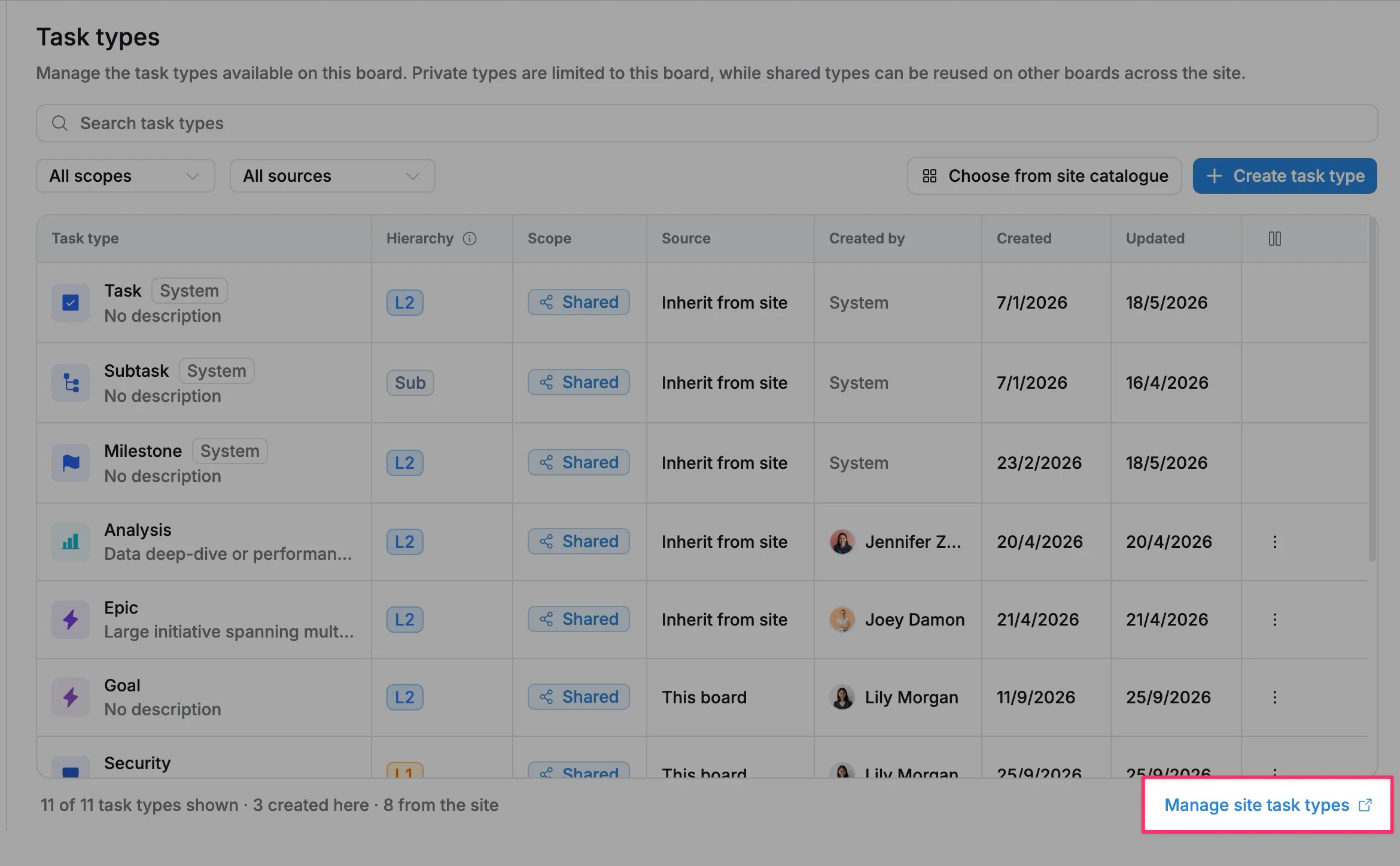 Manage site task types Manage site task types