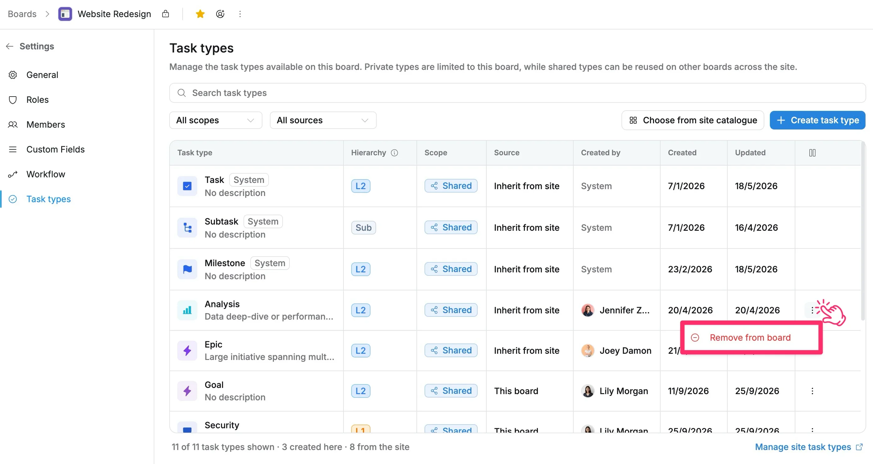 Remove a task type from a board Remove a task type from a board