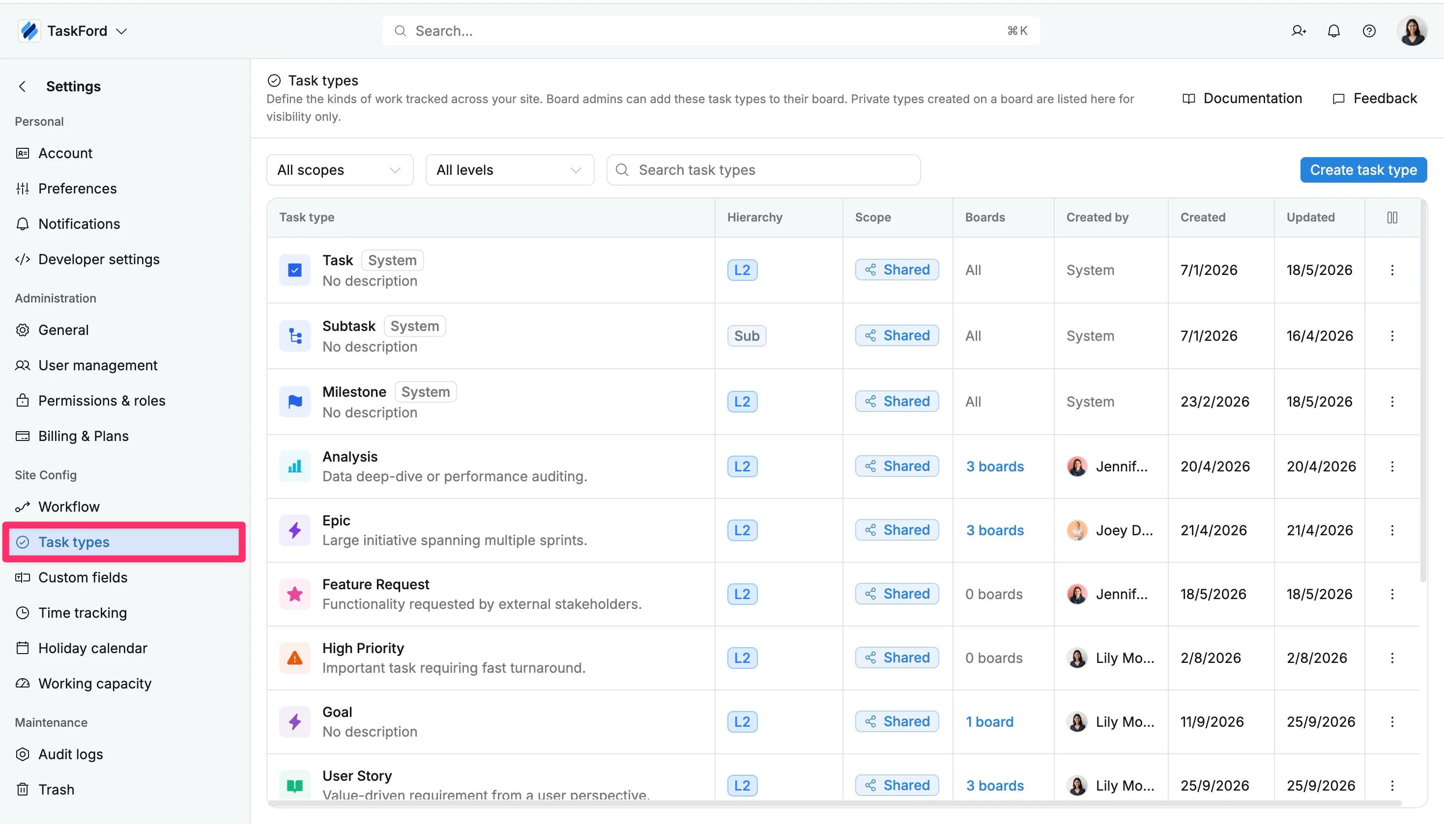 Access the Task types settings