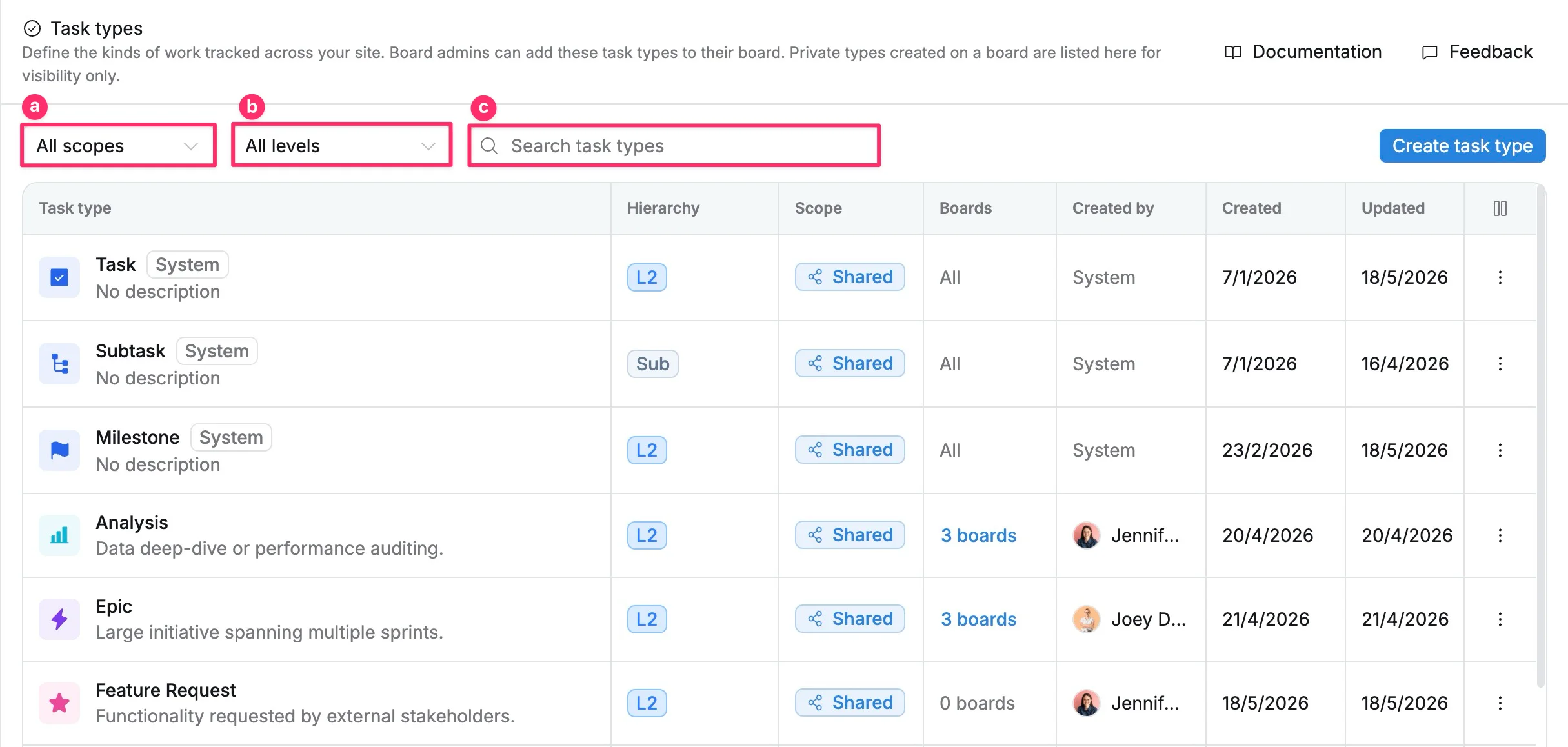 Search and filter task types