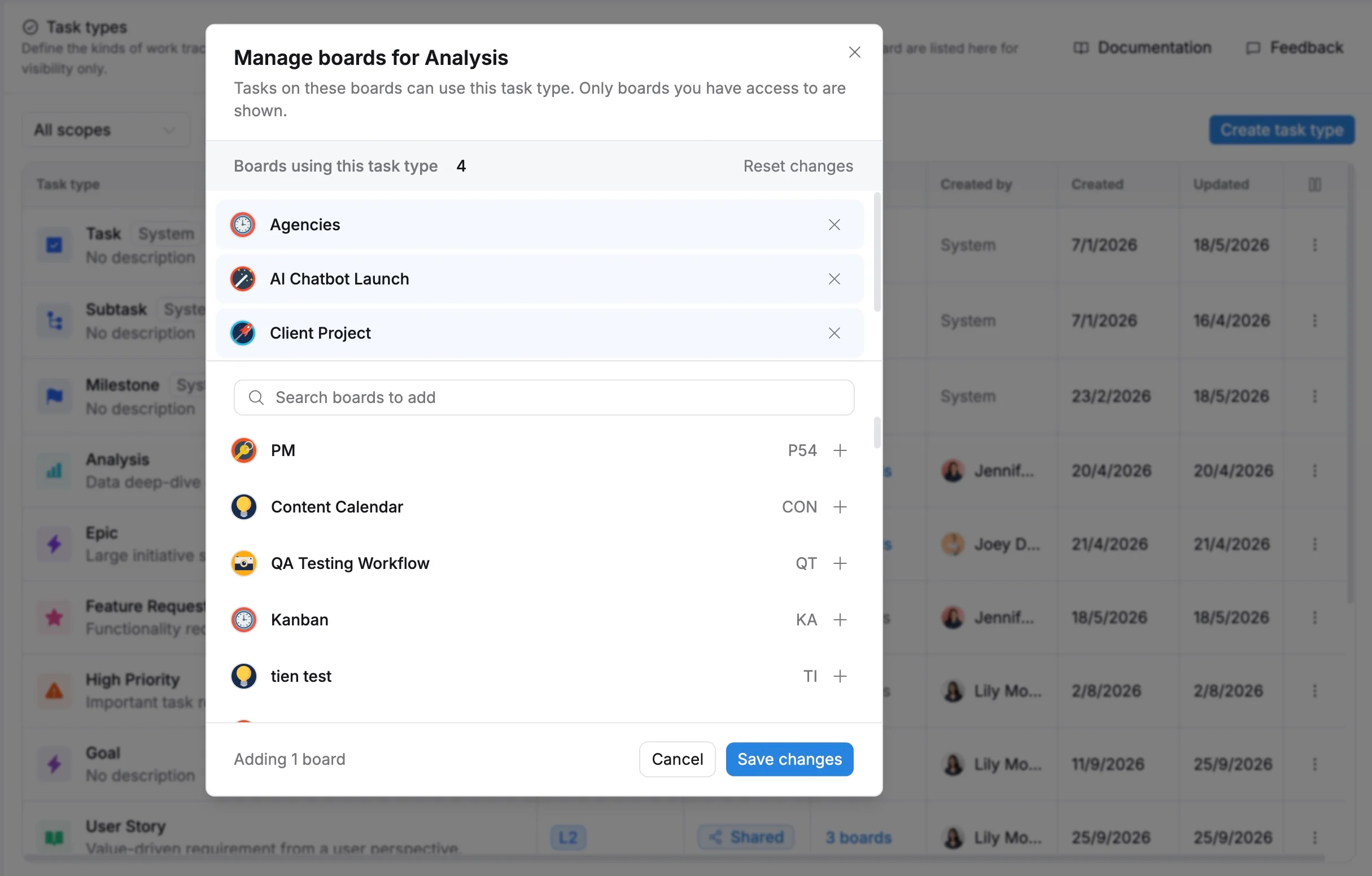 Manage boards for a task type Manage boards for a task type