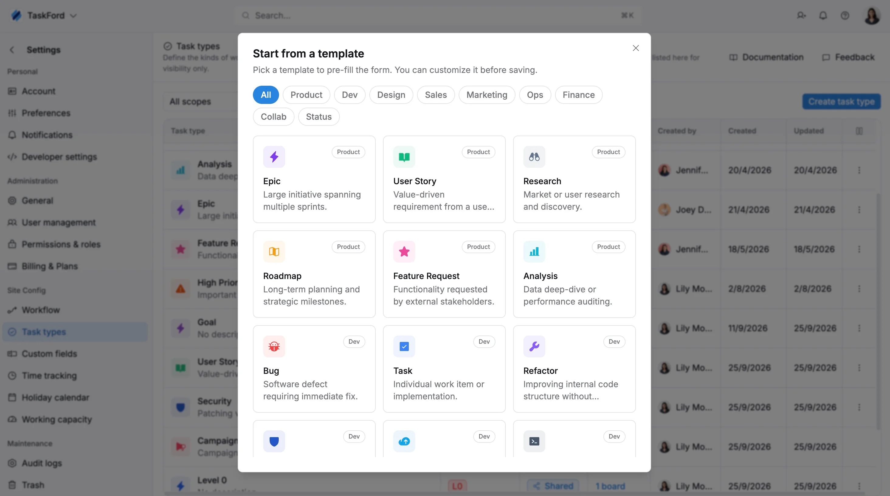 Task type templates Task type templates