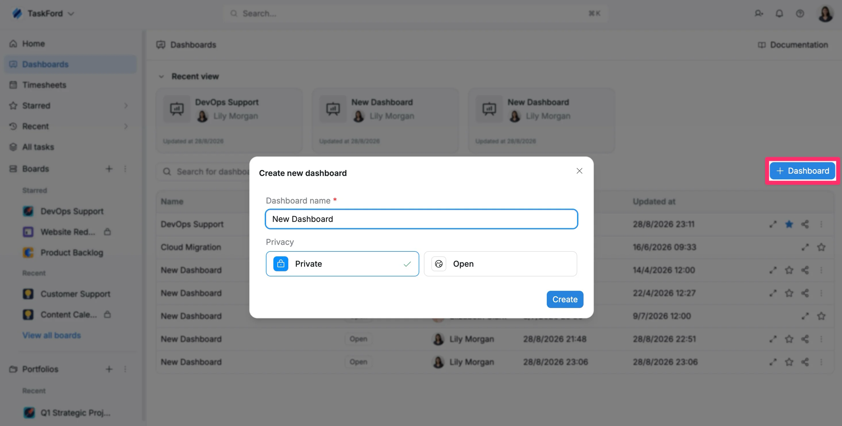 create a new dashboard create a new dashboard
