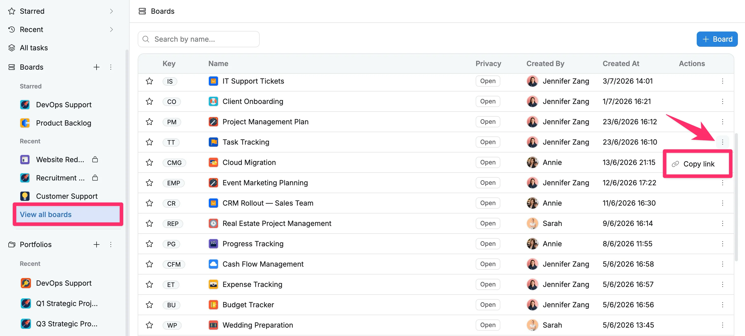 Copy a board link from View all boards Copy a board link from View all boards