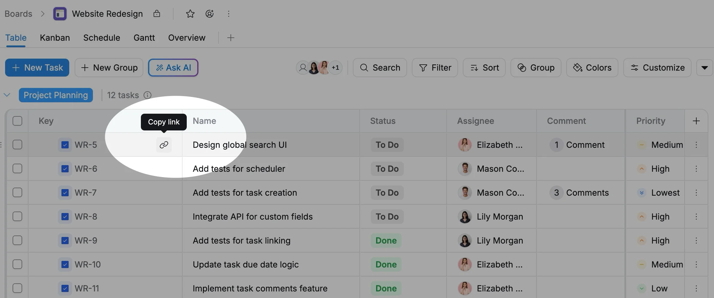 Copy a task link from Table view Copy a task link from Table view