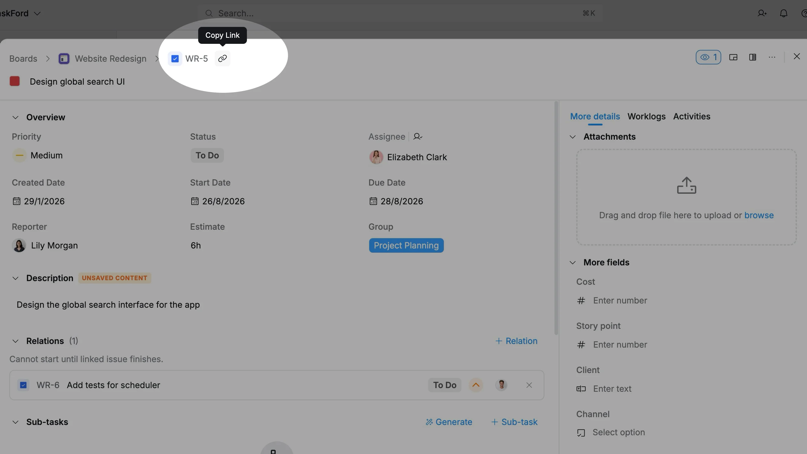 Copy a task link from the task details view Copy a task link from the task details view