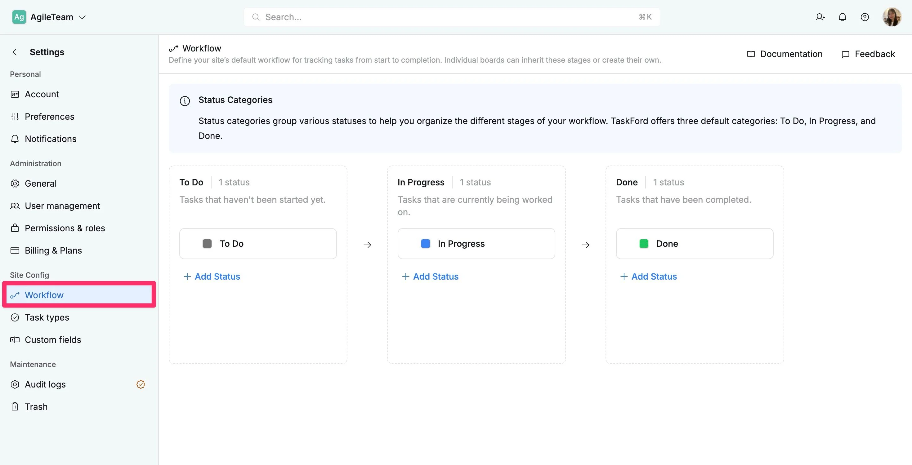 Access Site workflow settings Access Site workflow settings